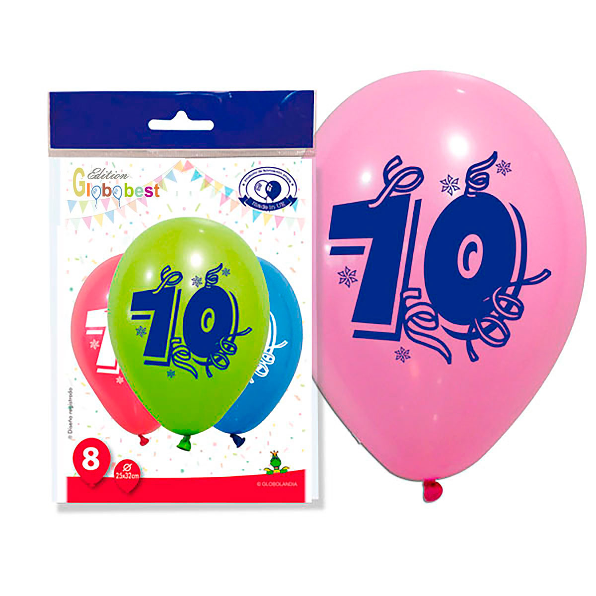 Globos impresos número 70, 11" surtidos - Bolsa de 8