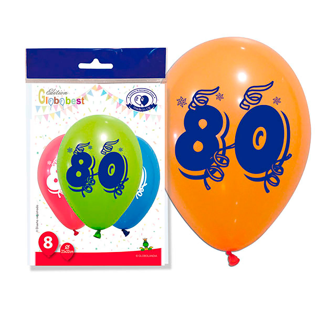Globos impresos número 80 11" colores surtidos - bolsa de 8