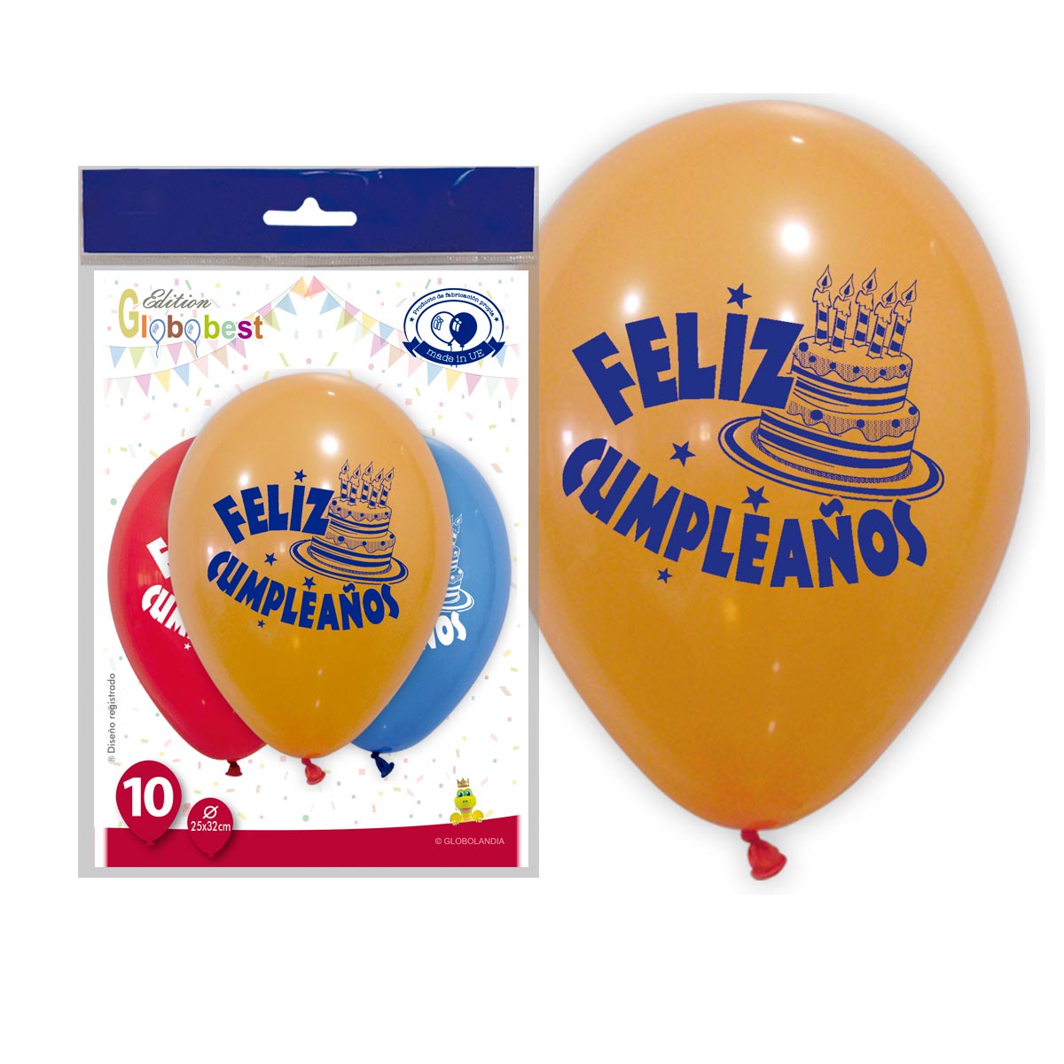 Globos impresos Feliz Cumpleaños con Tarta 11" Mix – Bolsa de 10