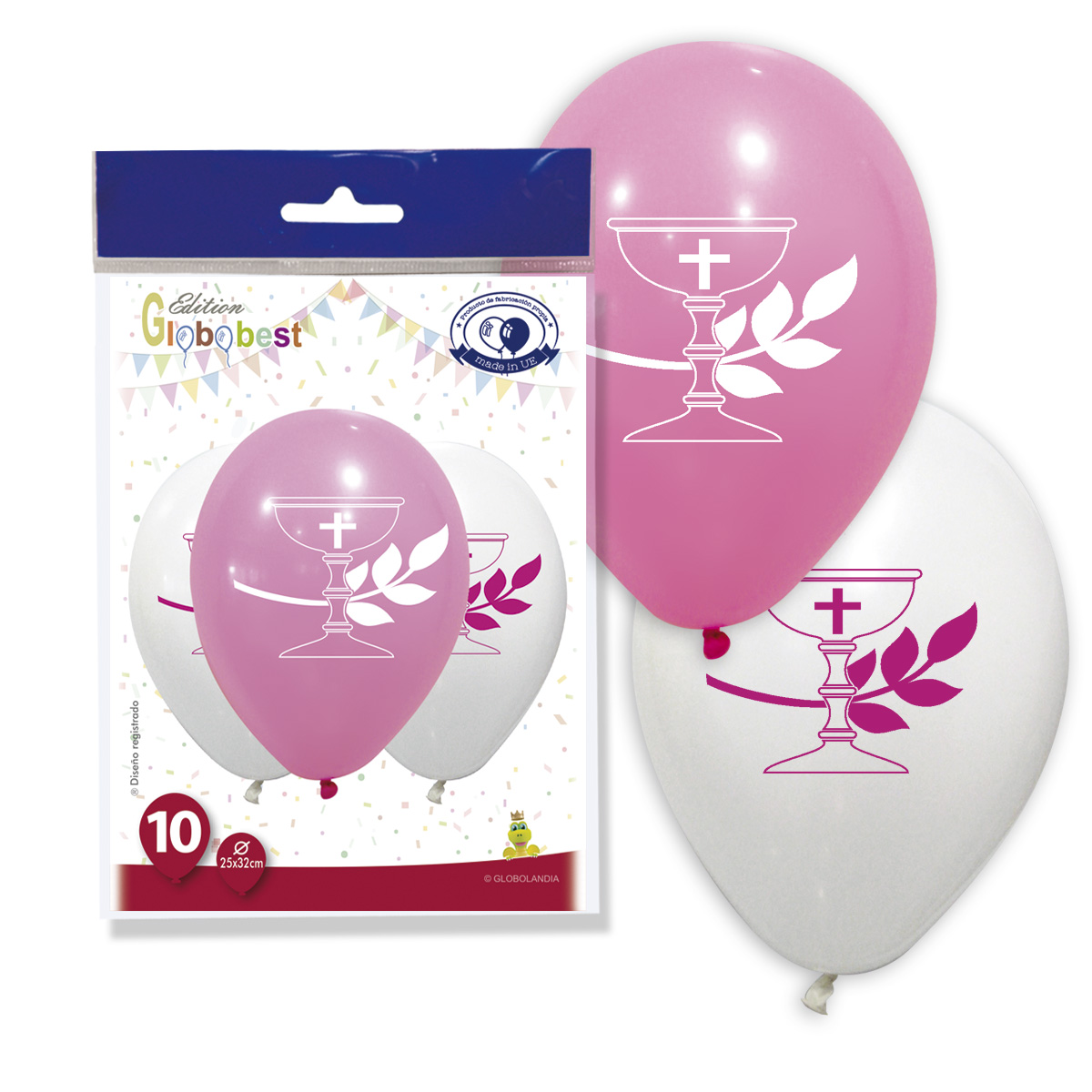 Globos Primera Comunión cáliz rosa y blanco 11" - Bolsa de 10
