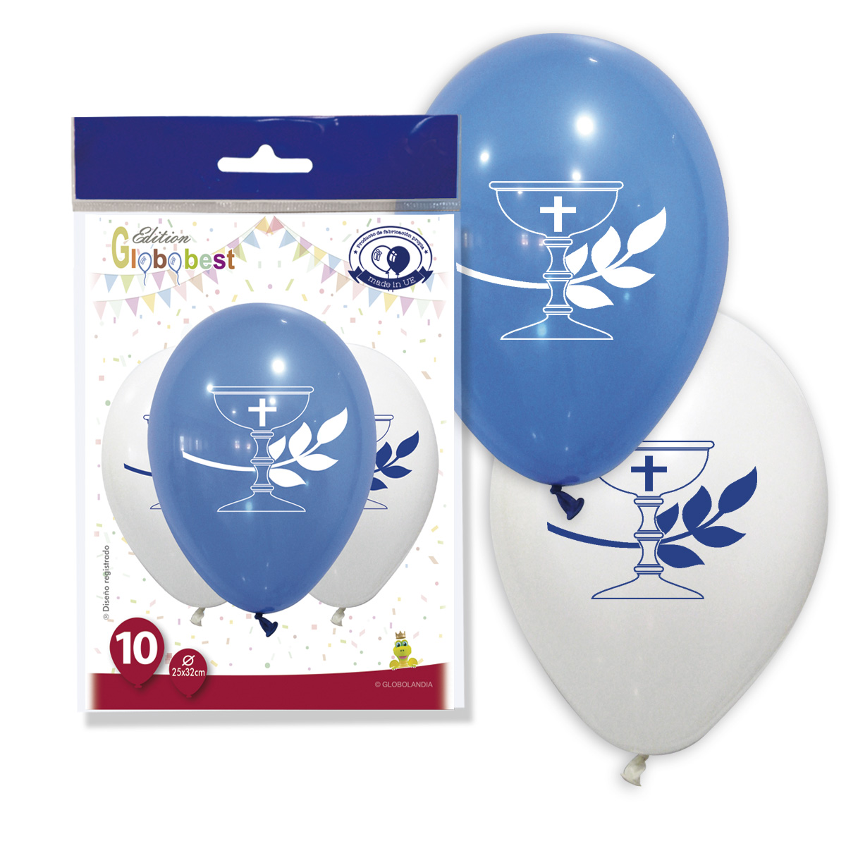 Globos Primera Comunión cáliz azul y blanco 25x32 cm - Bolsa 10 unidades