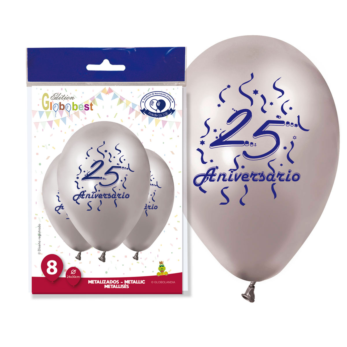 Globos 25 Aniversario Plata Metalizado 11" - Bolsa de 8