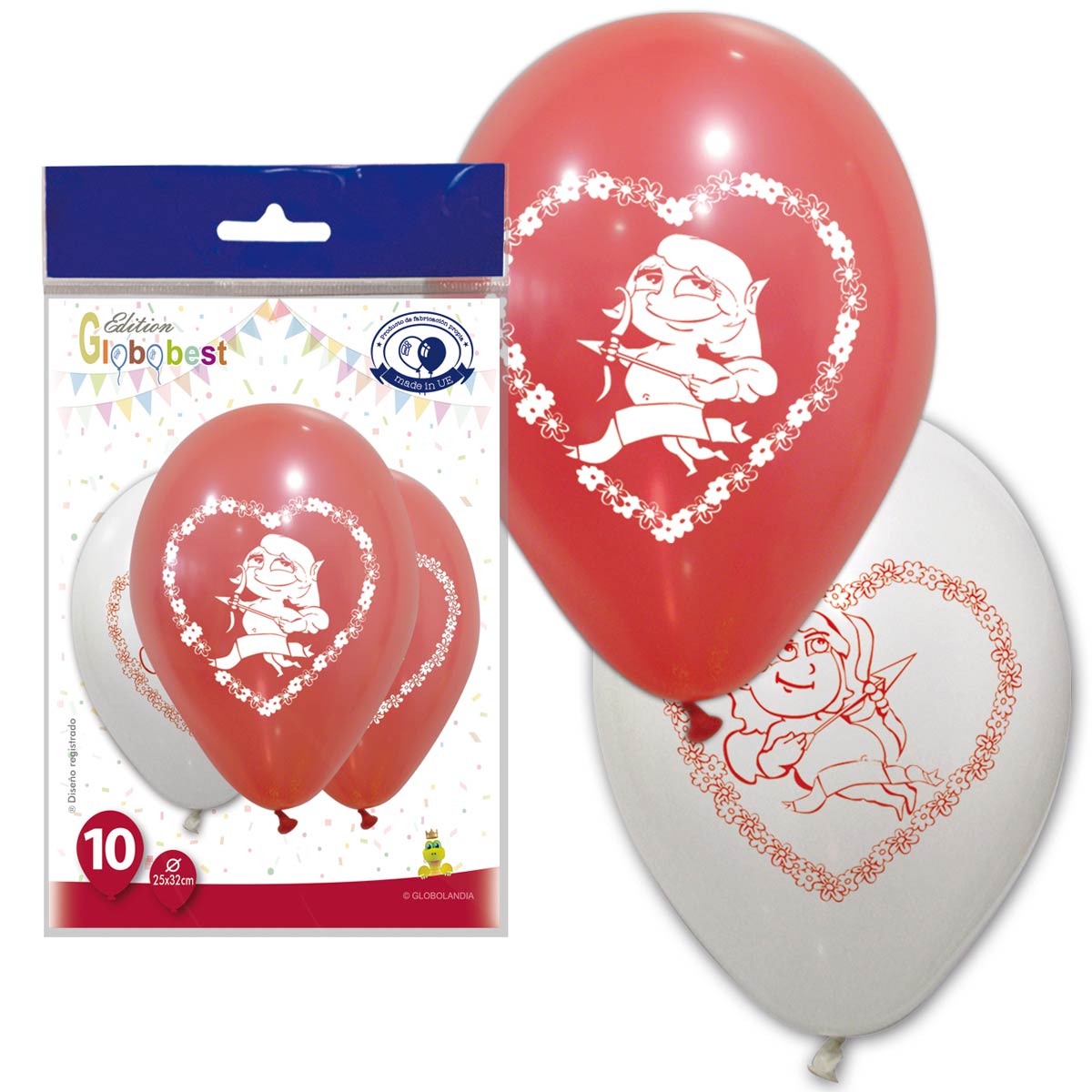 Globos Cupido con corazón de flores 11" pastel rojo y blanco – Bolsa de 10