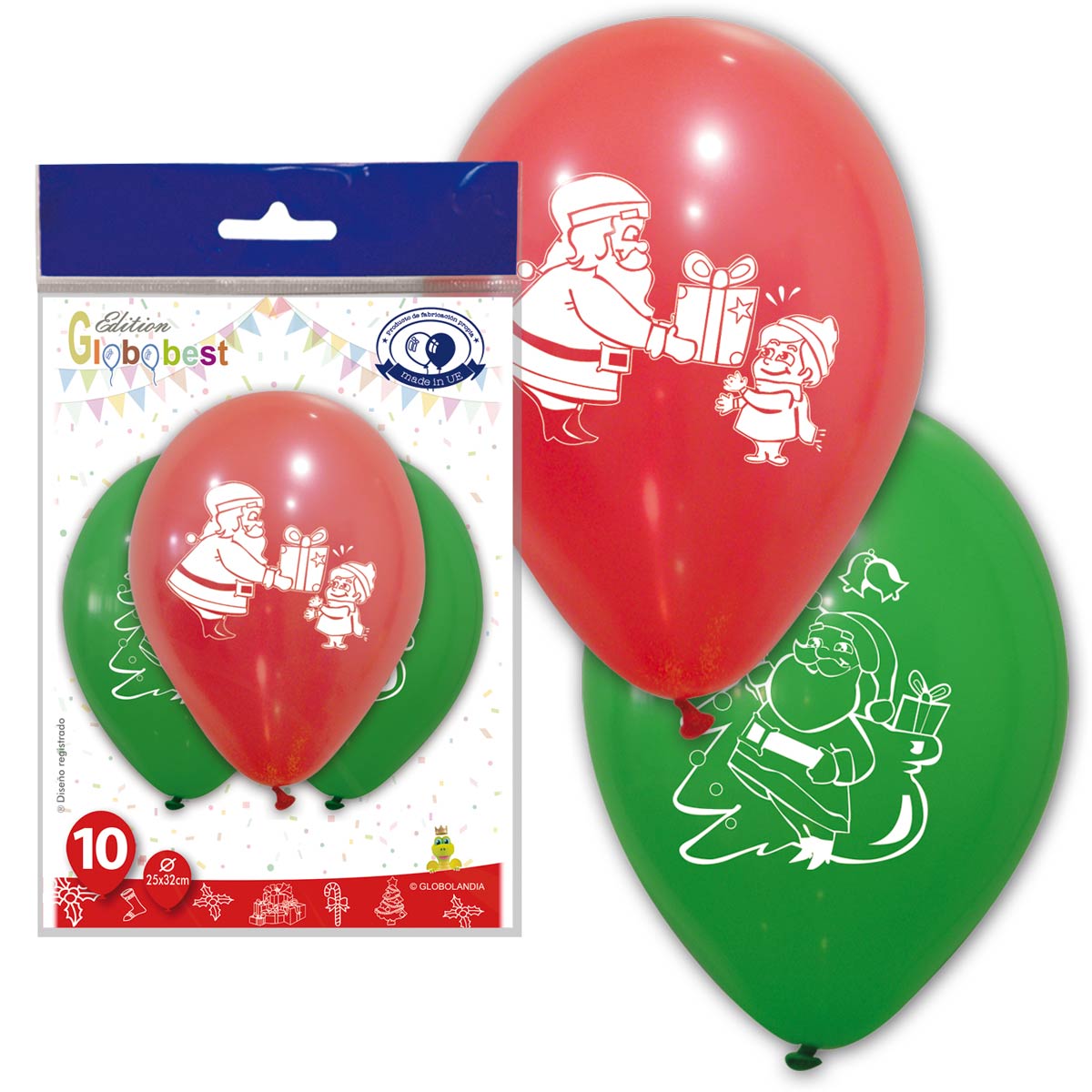 Globos de Navidad impresos Papá Noel 25x32 cm - Bolsa de 10