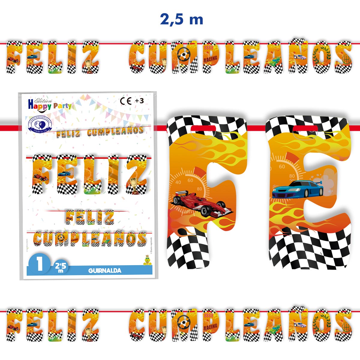 Guirnalda Feliz Cumpleaños Coches de Carreras 2,5 m