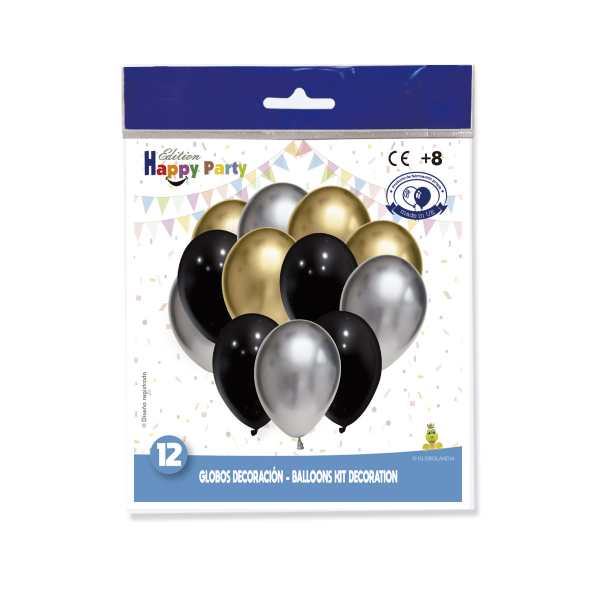 Conjunto 12 globos espejo oro, plata y negro 30 cm