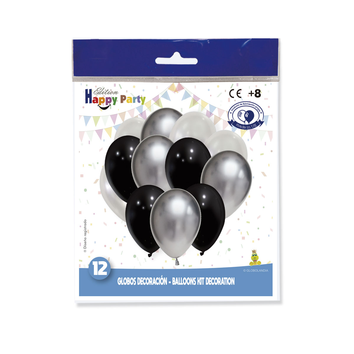 Kit 12 globos espejo plata, negro y blanco 12"
