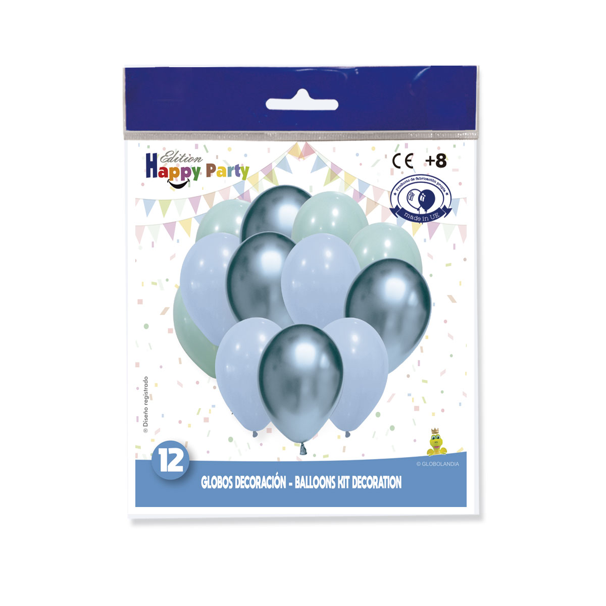 Conjunto 12 globos espejo azul 12" - mix pastel, cristal y metalizado