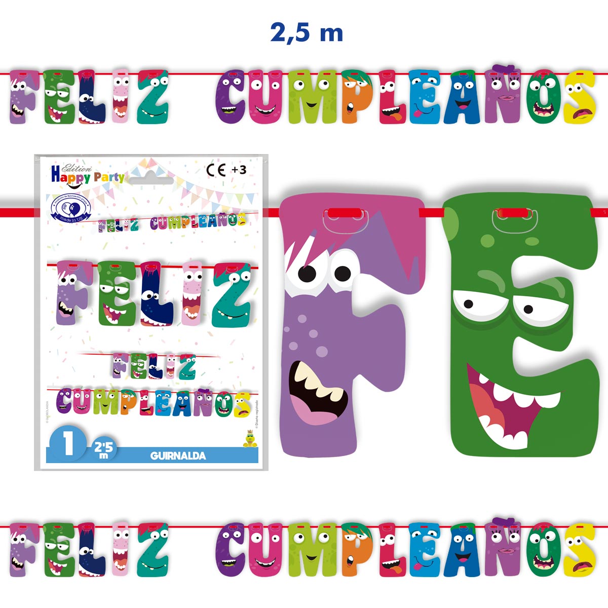 Guirnalda de papel Feliz Cumpleaños con letras de caras y ojos, 2,5 m
