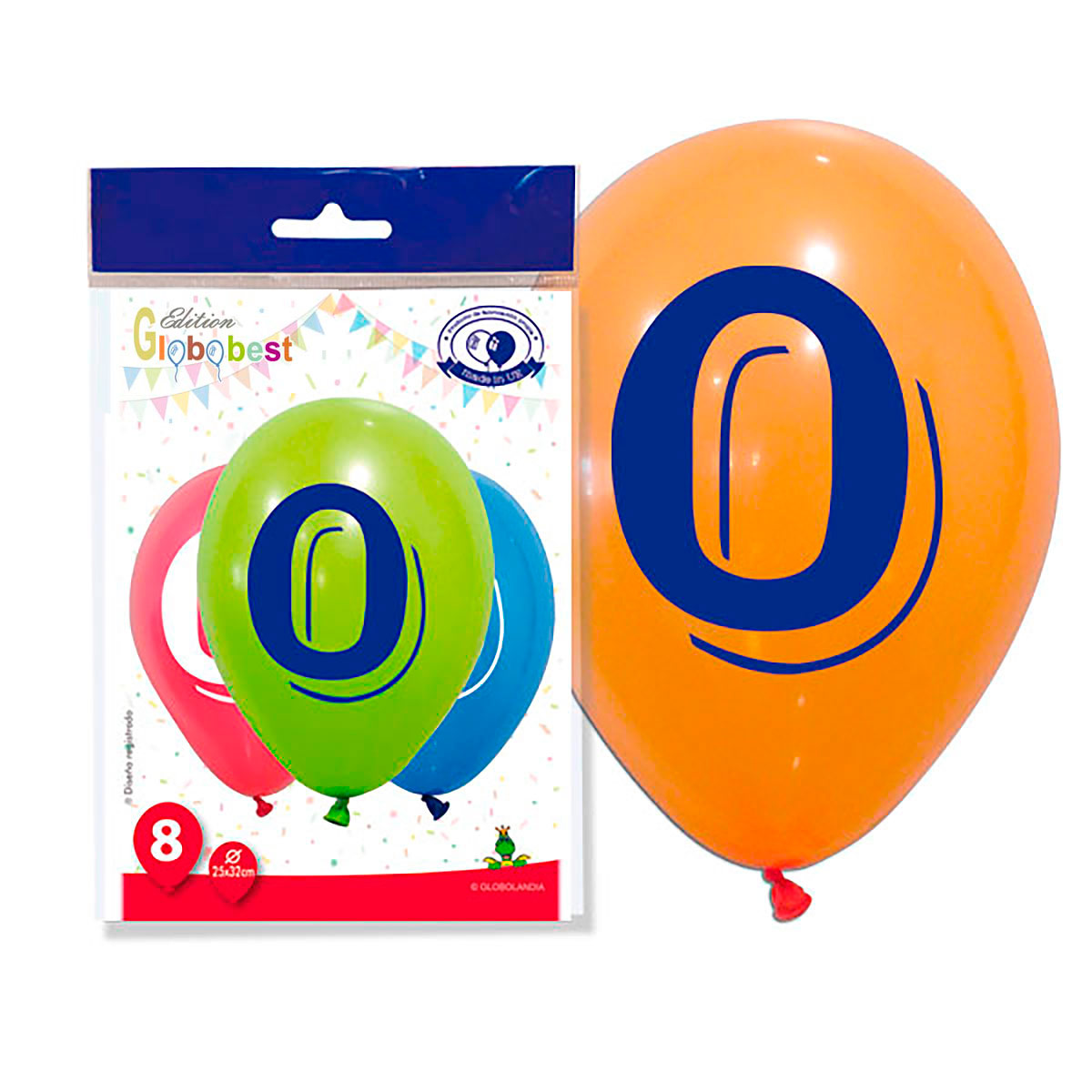 Globos número 0 impresos 11" colores surtidos - Bolsa de 8