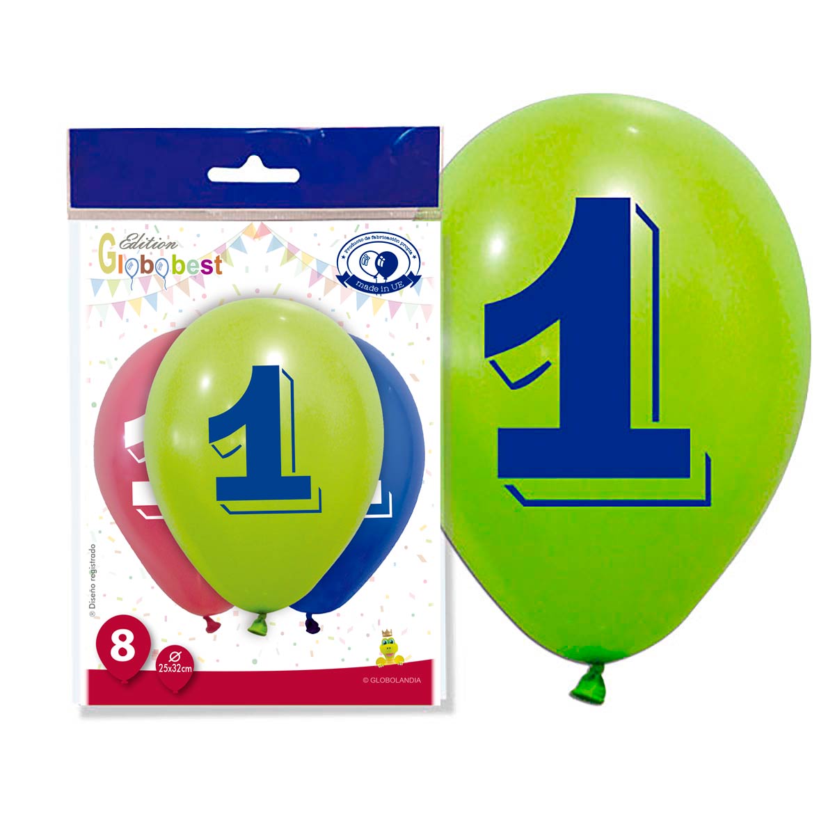 Globos número 1 impresos 25x32 cm - bolsa de 8