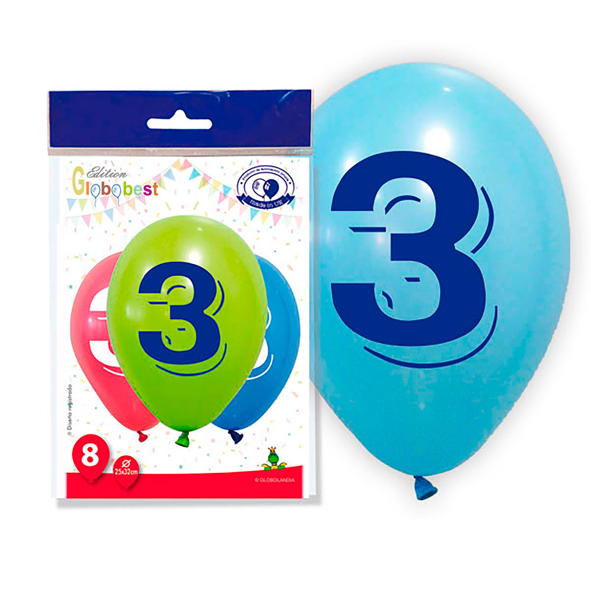 Globos impresos número 3 surtidos 11" - Bolsa 8 unidades