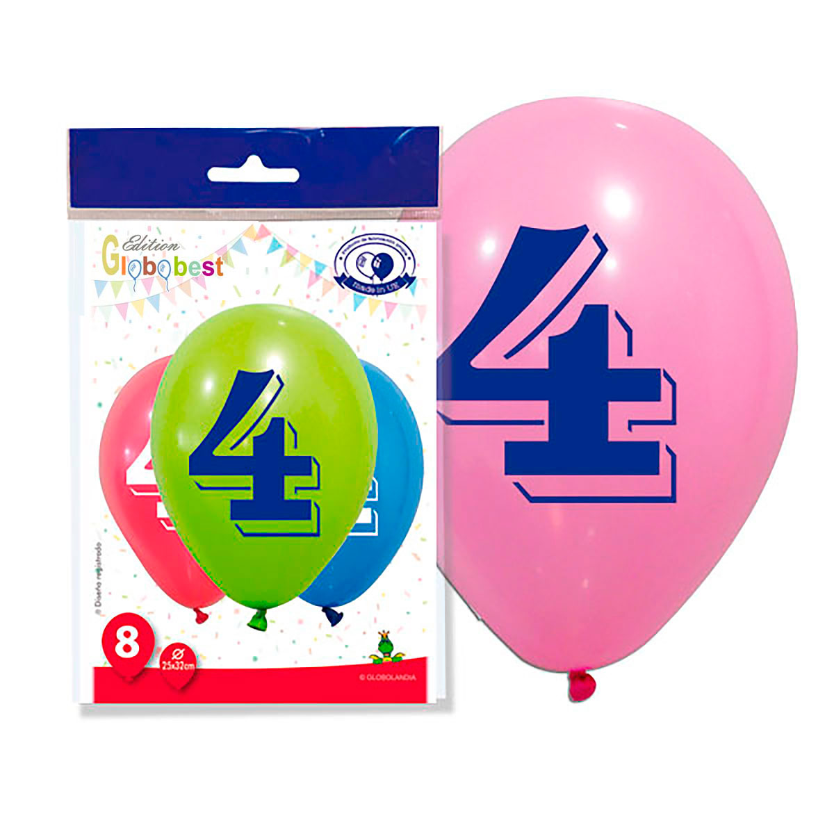 Globos Número 4 Impresos 11" Colores Surtidos - Bolsa de 8