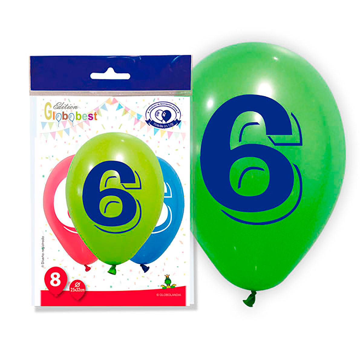 Globos impresos número 6, colores mix – bolsa de 8