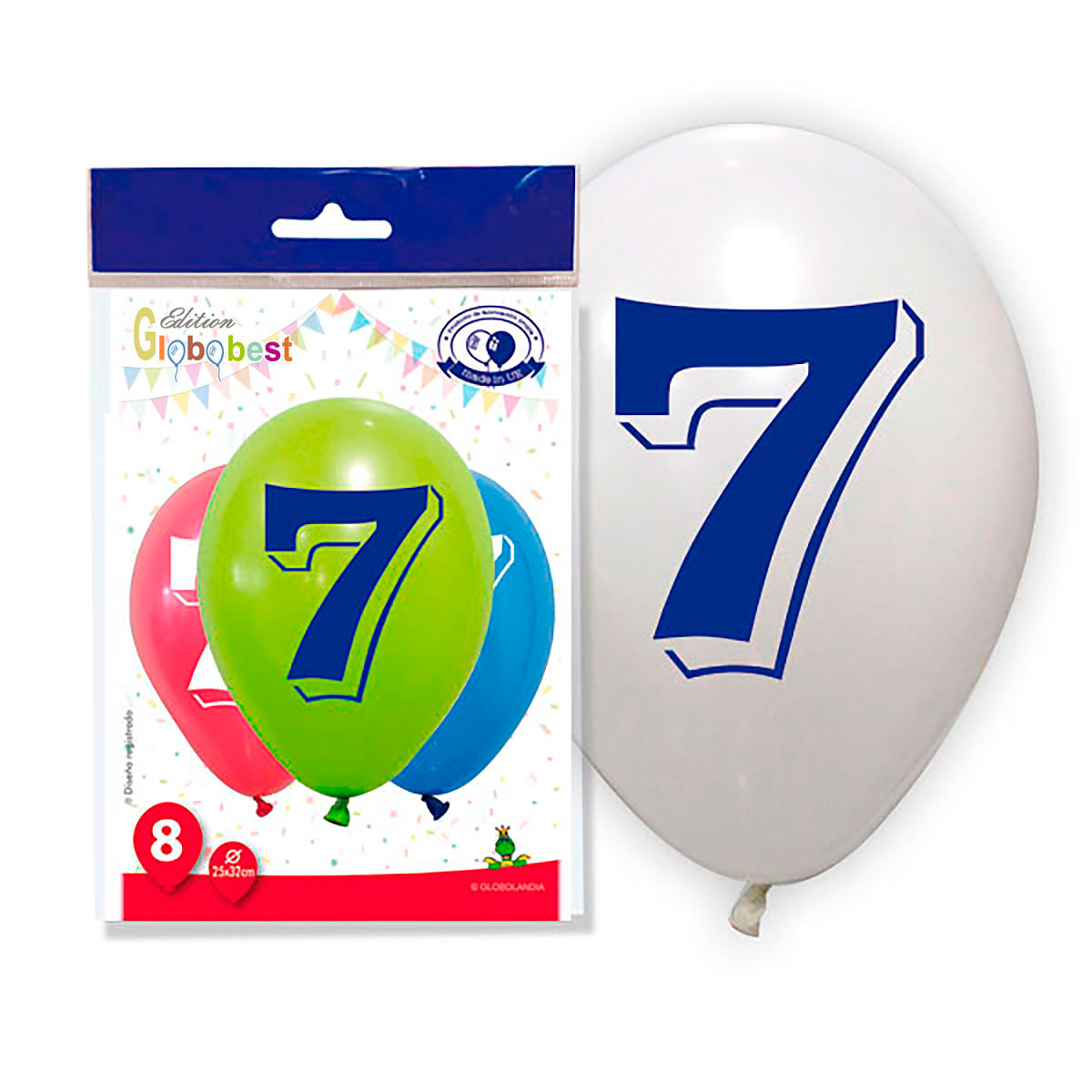 Bolsa 8 globos impresos Número 7 - 11" surtido de colores