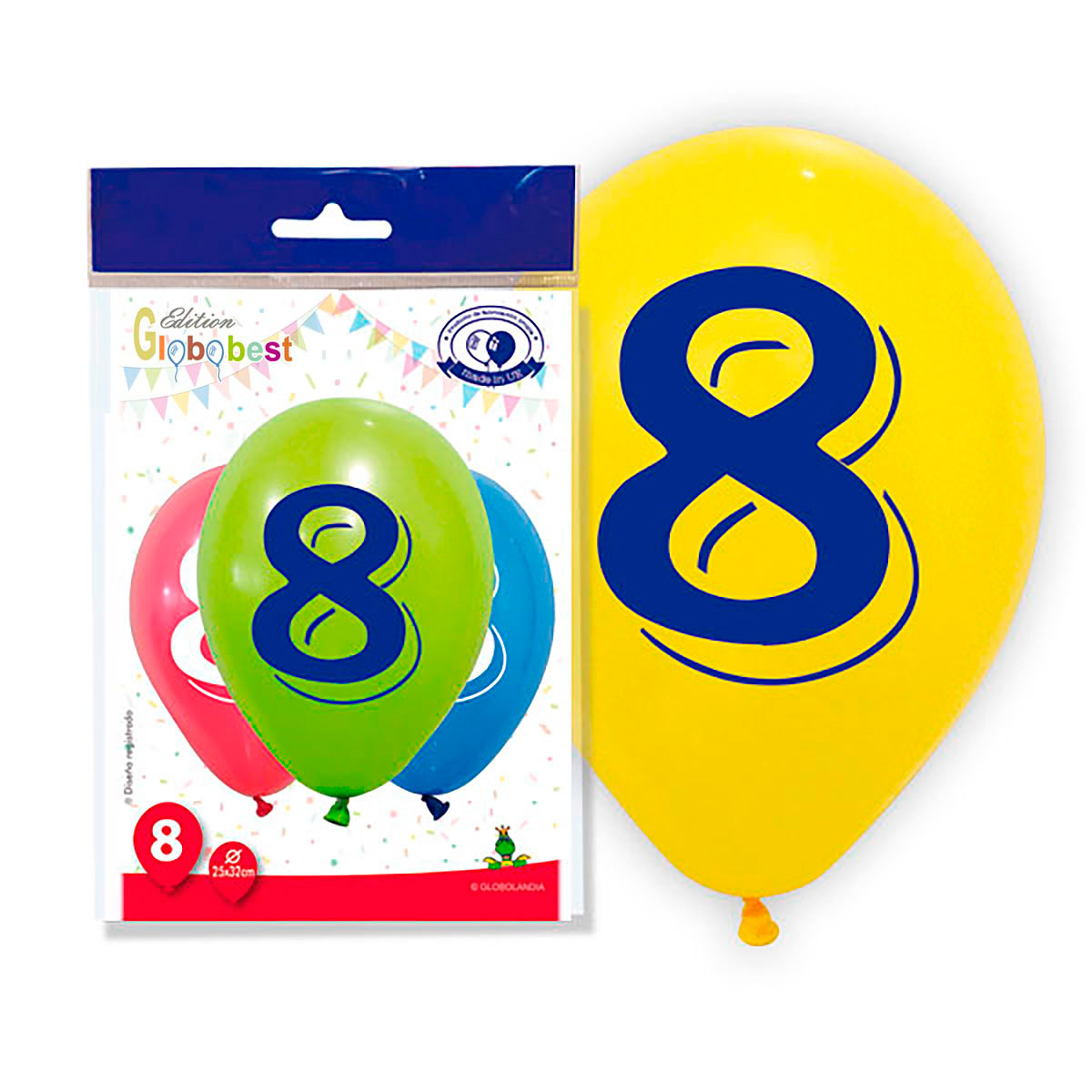 Globos número 8 impresos 11" surtido de colores - bolsa de 8 uds.