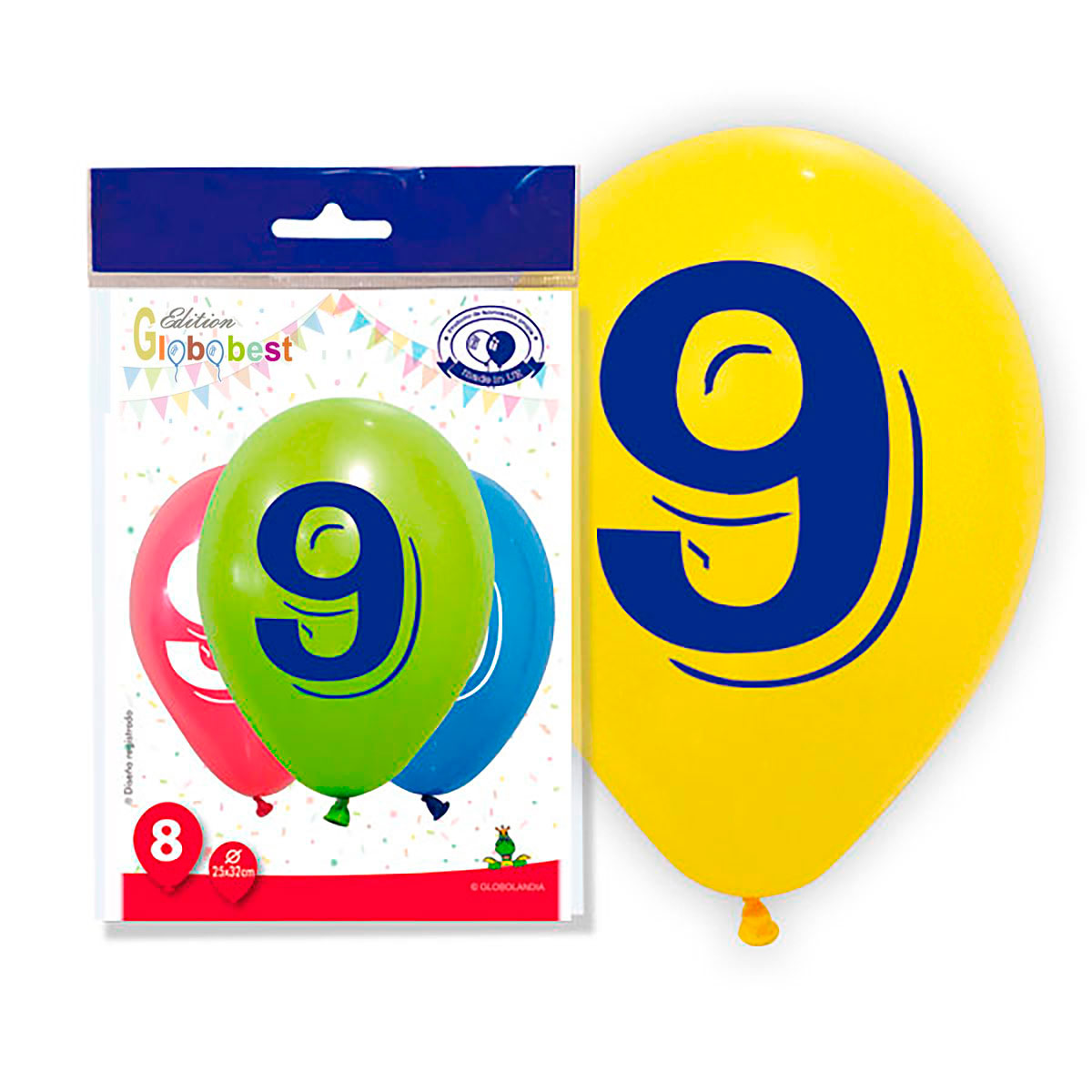 Globos Número 9 Impresos 11" Colores Surtidos - Bolsa 8 uds