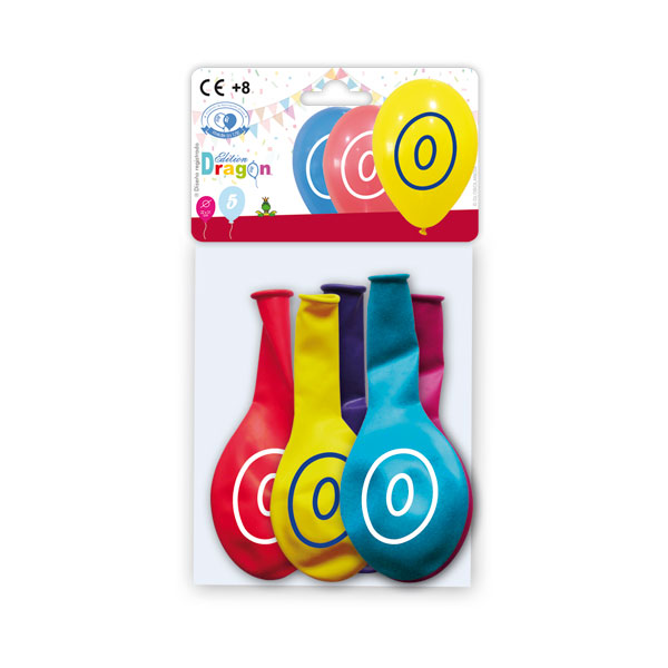 Globo Número 0 impreso 10" colores surtidos - Bolsa 5 uds