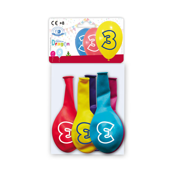Globos Número 3 Impresos 10" Colores Surtidos - Bolsa de 5