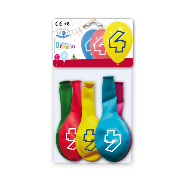 Globos Número 4 Impresos 10" Colores Surtidos – Bolsa de 5
