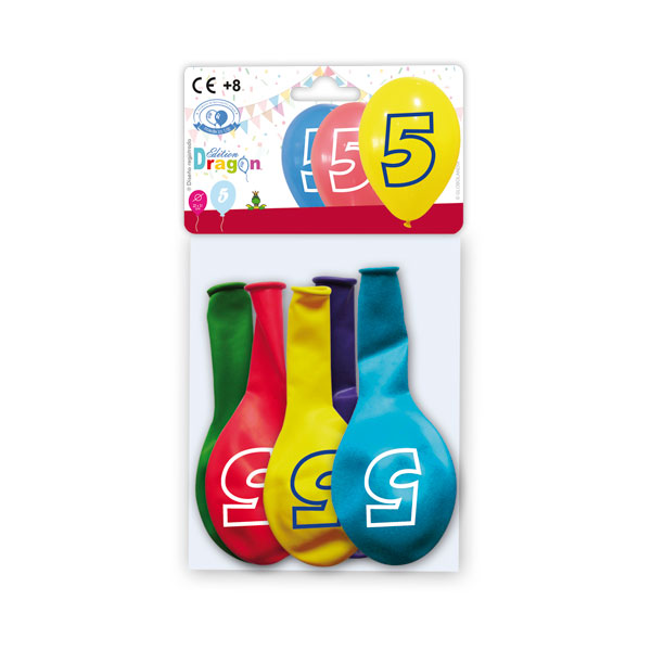 Globos Número 5 impresos, colores surtidos 10" (bolsa de 5)