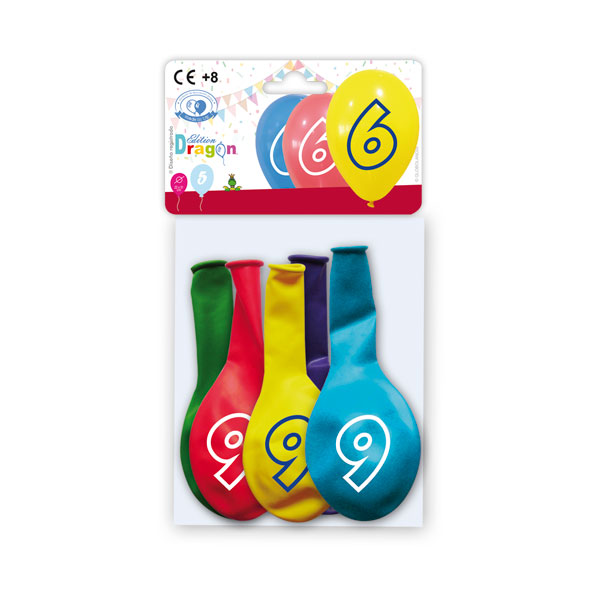 Globos látex número 6 impresos 10" colores surtidos - bolsa de 5