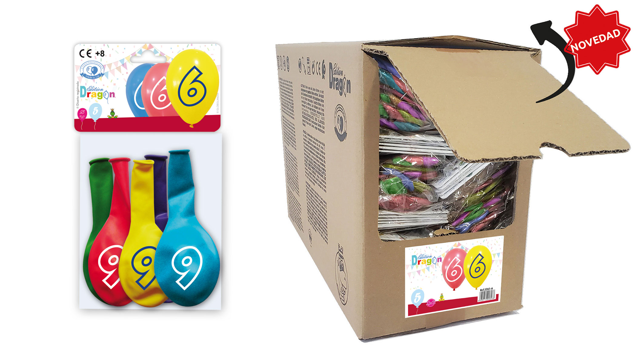 Globos Número 6 Impresos Colores Surtidos, Bolsa de 5