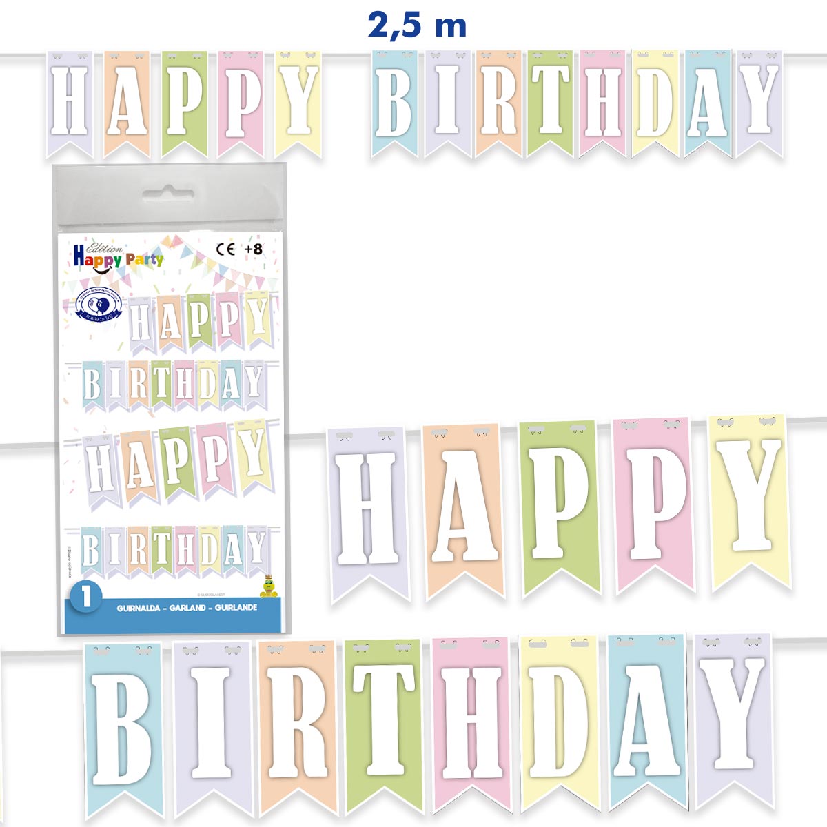Guirnalda de banderines Happy Birthday pastel 2,5 m