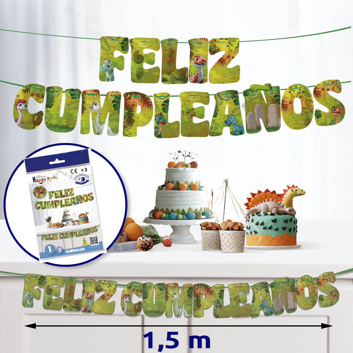 Guirnalda Feliz Cumpleaños Dinosaurios 1,5 m