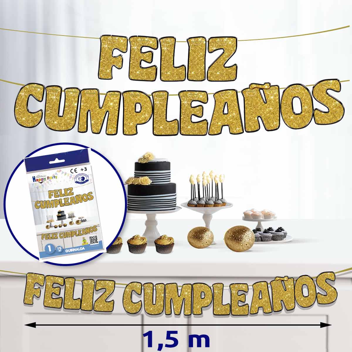 Guirnalda Feliz Cumpleaños oro glitter 1,5 m