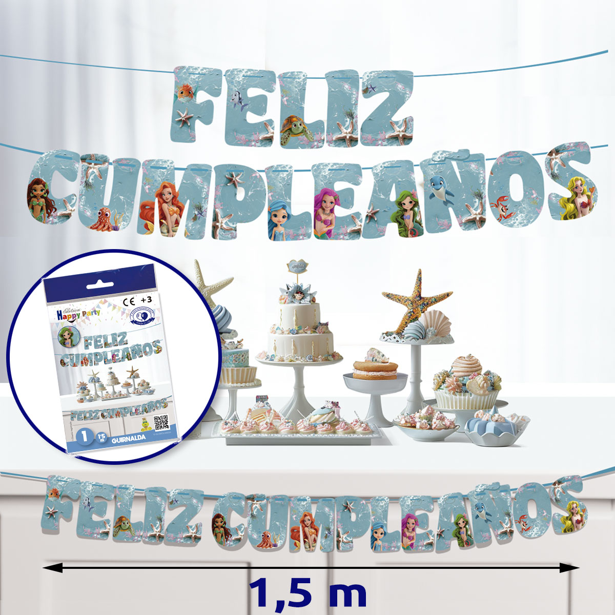 Guirnalda Feliz Cumpleaños Sirena 1,5 m