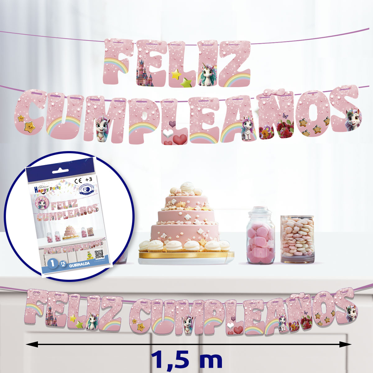 Guirnalda Feliz Cumpleaños Unicornio 1,5 m