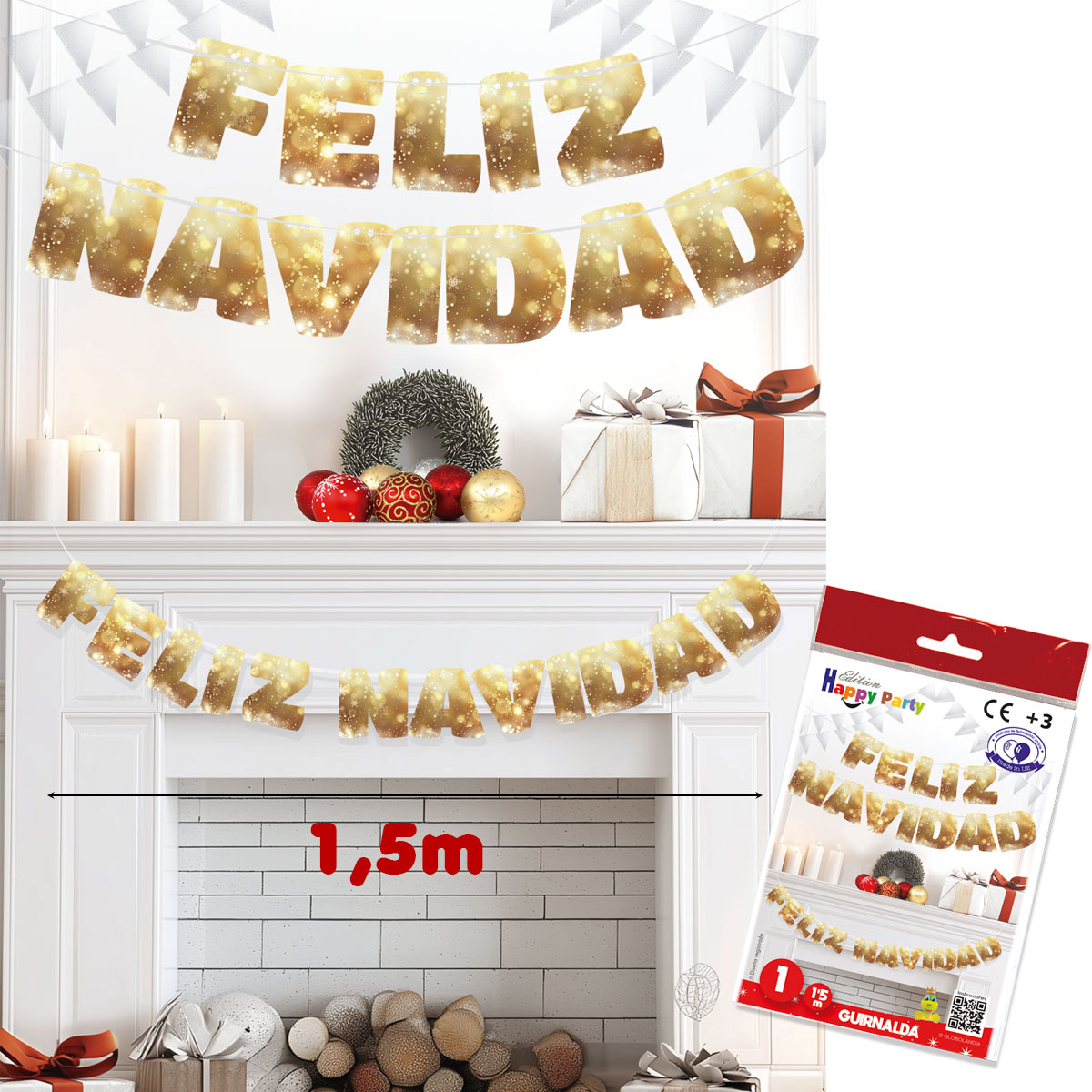 Guirnalda Feliz Navidad oro 1,5 m