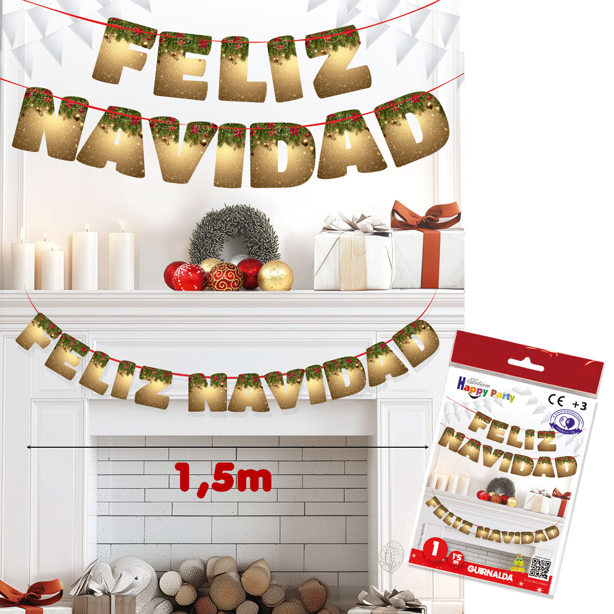 Guirnalda Feliz Navidad oro con hojas 1,5 m