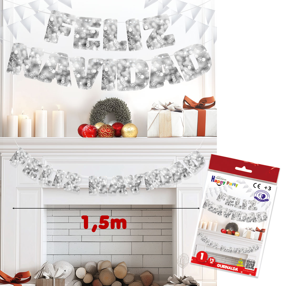 Guirnalda Feliz Navidad plata 1,5 m