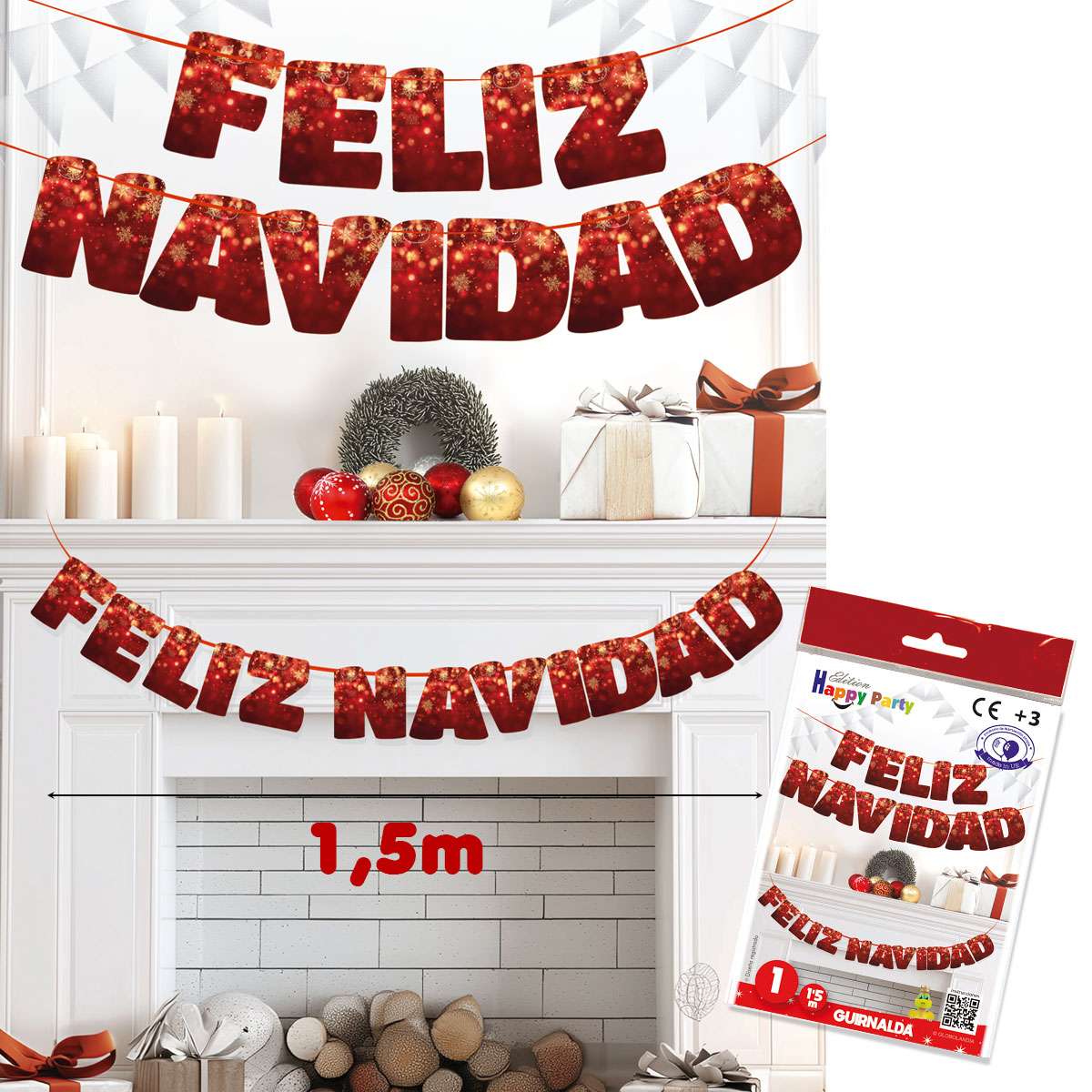 Guirnalda Feliz Navidad roja 1,5 m de papel