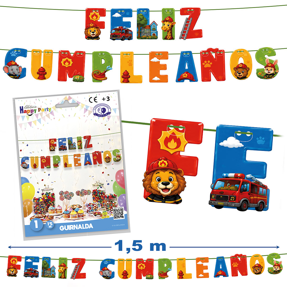 Guirnalda Feliz Cumpleaños Animales Bomberos 1,5 m