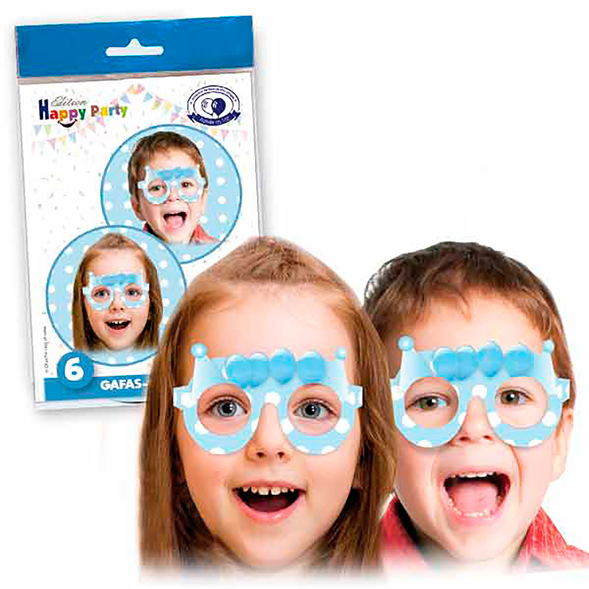 Gafas infantiles de cartón con lunares celeste (bolsa de 6)
