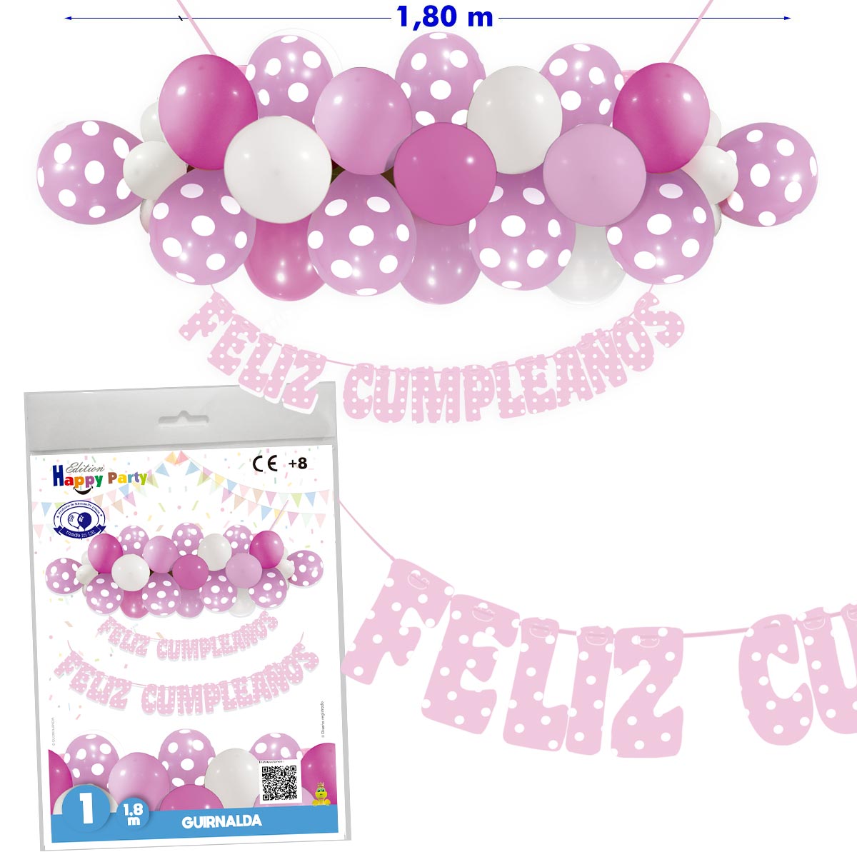Guirnalda de globos con letras Feliz Cumpleaños rosa 1,80 m