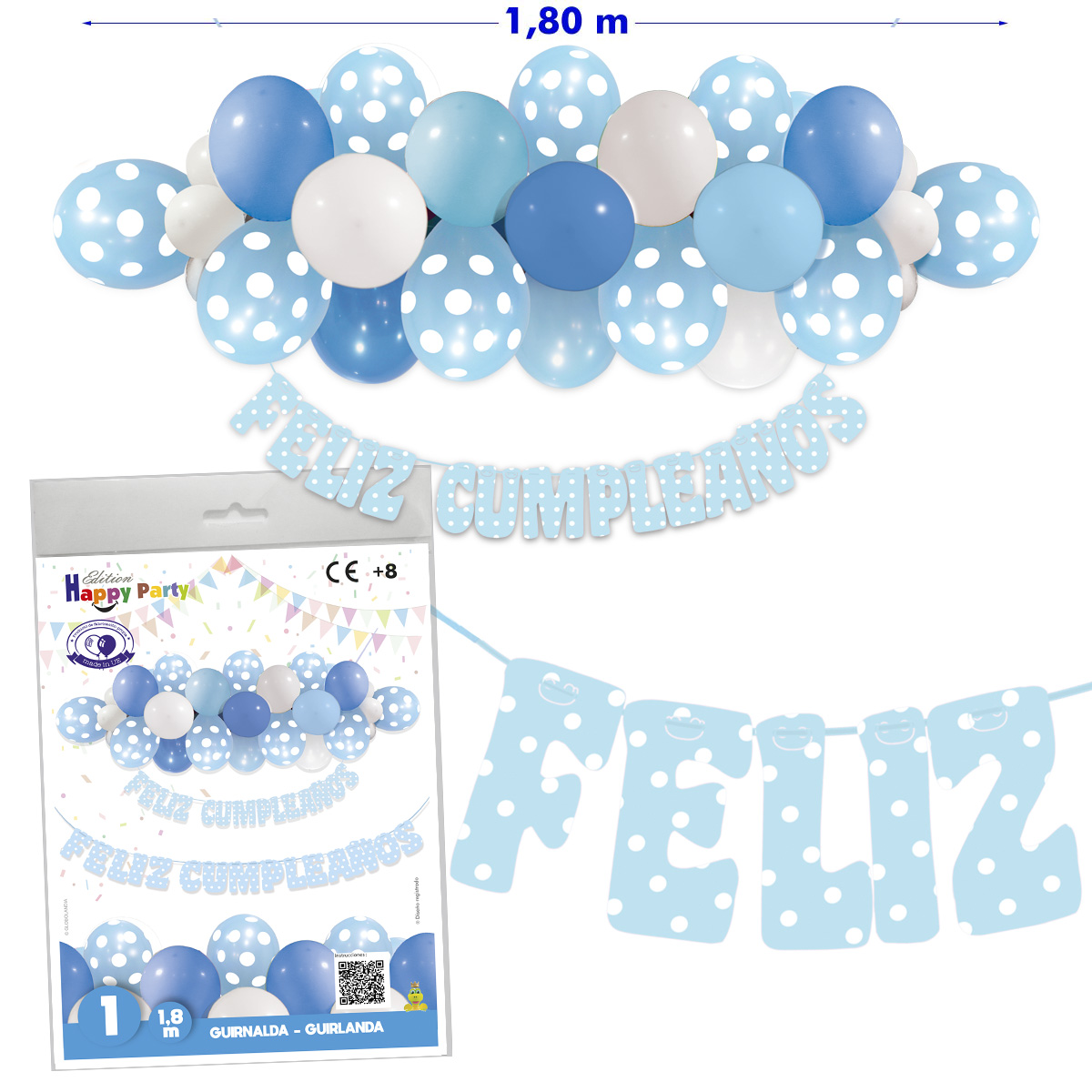 Guirnalda de globos y letras «Feliz Cumpleaños» celeste con puntos blancos, 1,8 m