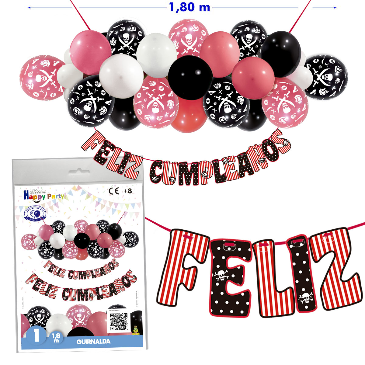 Guirnalda de globos piratas con letras Feliz Cumpleaños, 1,80 m