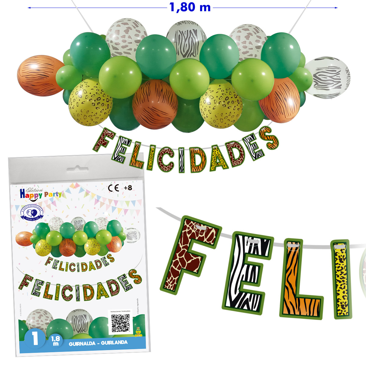 Guirnalda Felicidades animales salvajes con globos 1,80 m