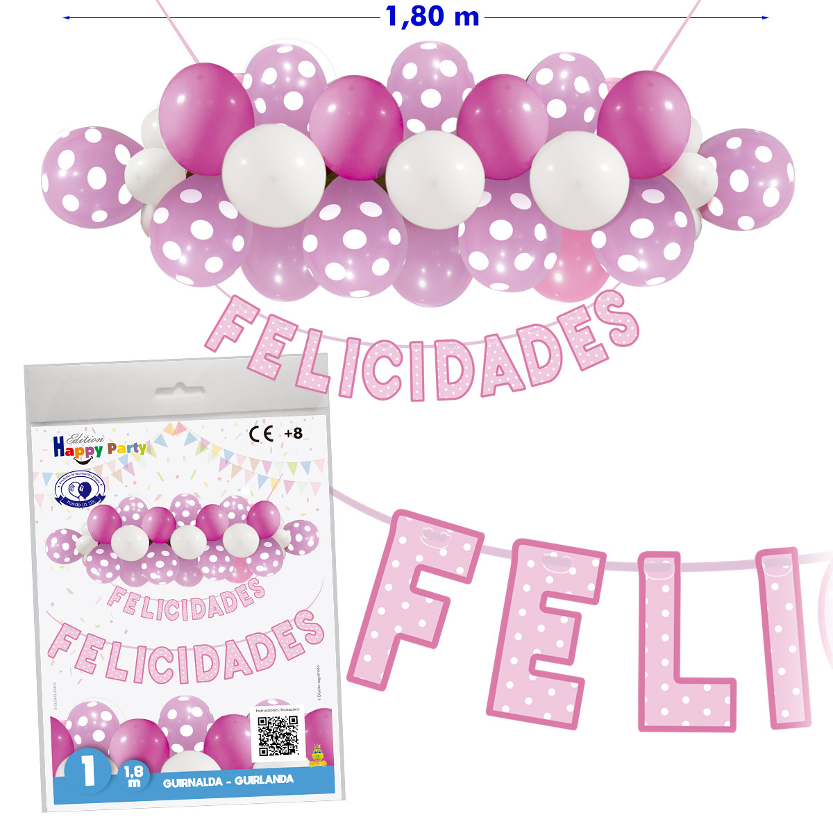 Guirnalda Felicidades con globos rosa de puntos 1,8 m