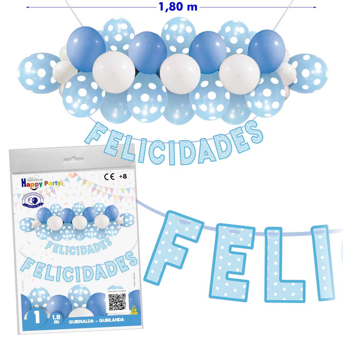 Guirnalda de globos Felicidades con topos celeste 1,80 m