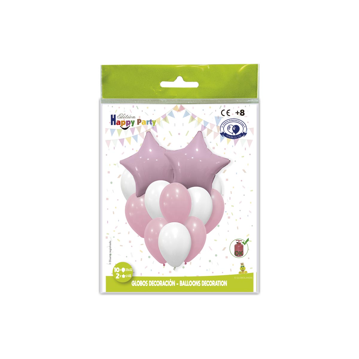 Kit decoración 10 globos látex y 2 estrellas poliamida rosa 46 cm