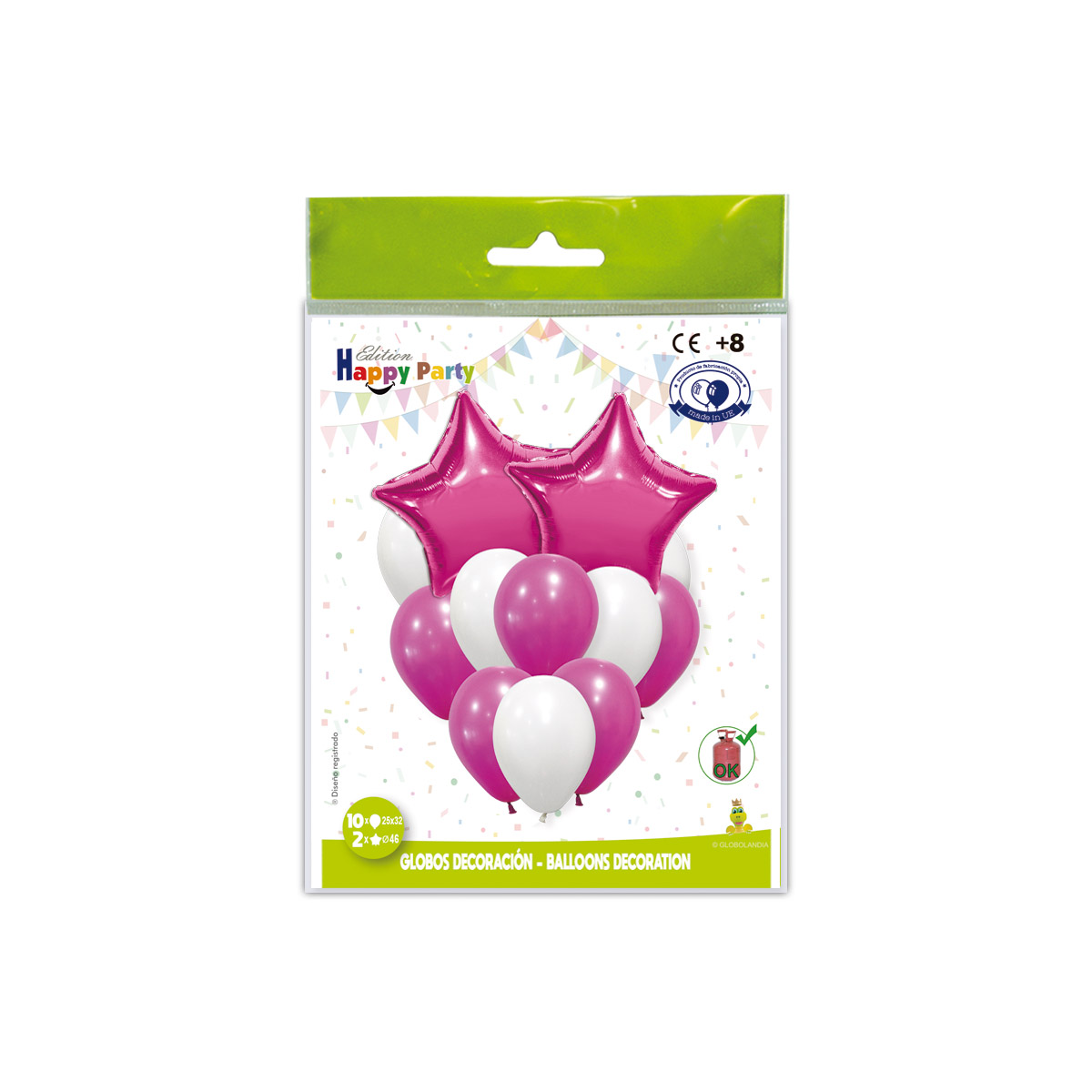 Kit de globos decoración estrella rosa: 10 látex fucsia y blanco + 2 estrellas de poliamida 46 cm