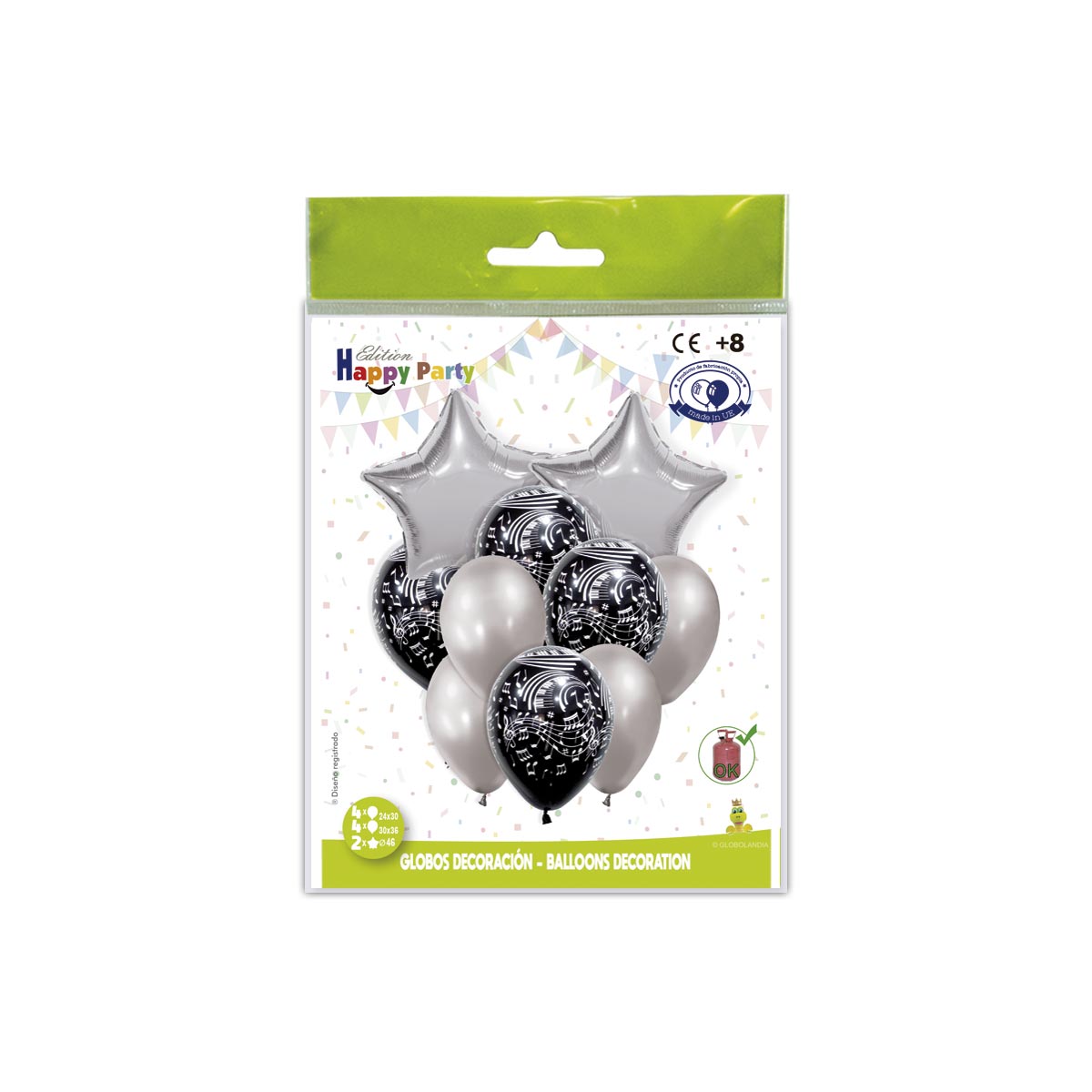 Conjunto de globos música y estrella plata Happy Party