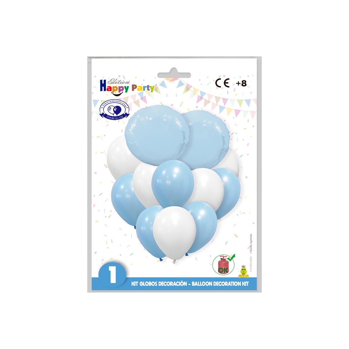 Kit decoración globos poliamida redondos celeste y látex blanco 46 cm
