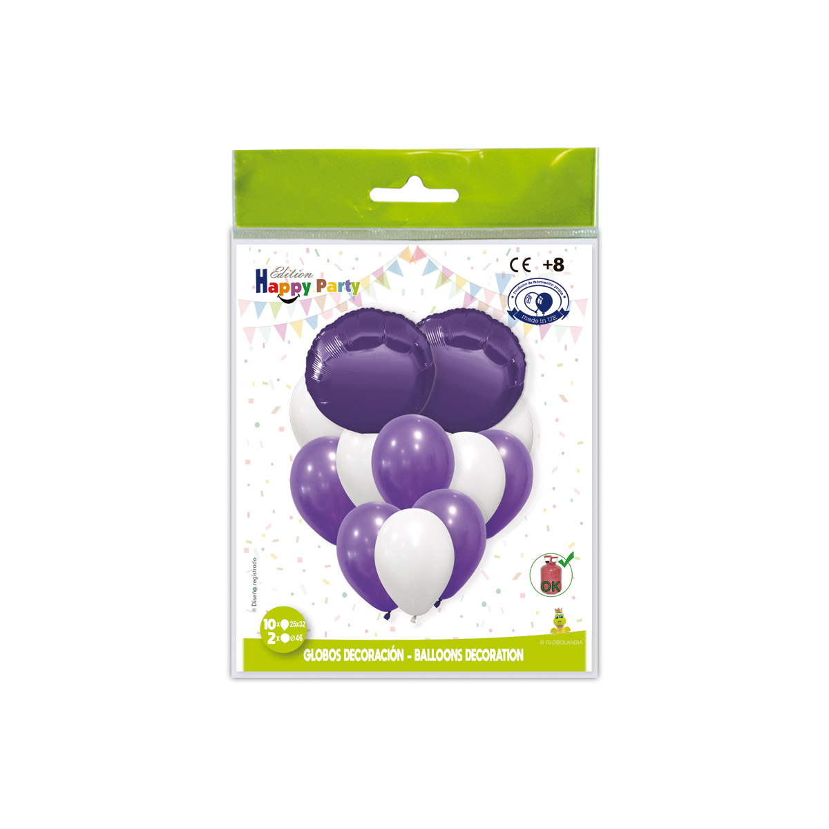 Kit decoración globos lila y blanco con poliamida redondo 46 cm