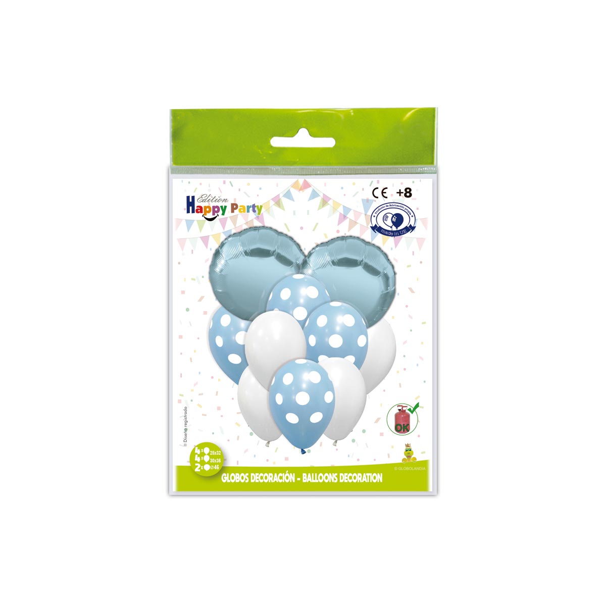 Kit decoración globos celeste con lunares y poliamida redondo 46 cm